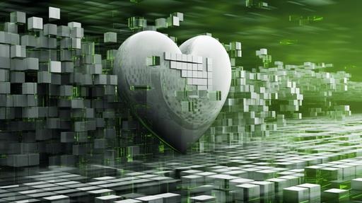 we see a abstract technical image made with photoshop, green white and grey colour, with heart shaped forms, love, speed, future, business --ar 16:9