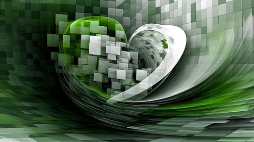 we see a abstract technical image made with photoshop, green white and grey colour, with heart shaped forms, love, speed, future, business --ar 16:9