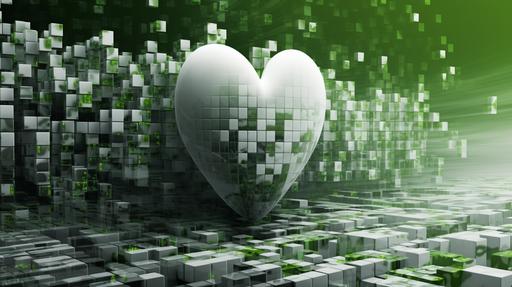 we see a abstract technical image made with photoshop, green white and grey colour, with heart shaped forms, love, speed, future, business --ar 16:9