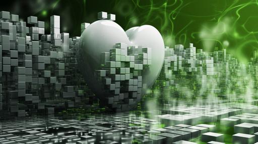 we see a abstract technical image made with photoshop, green white and grey colour, with heart shaped forms, love, speed, future, business --ar 16:9