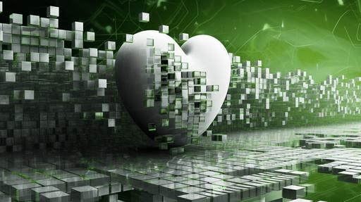 we see a abstract technical image made with photoshop, green white and grey colour, with heart shaped forms, love, speed, future, business --ar 16:9