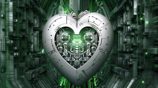 we see a abstract technical image made with photoshop, green white and grey colour, with heart shaped forms, love, speed, future, business --ar 16:9