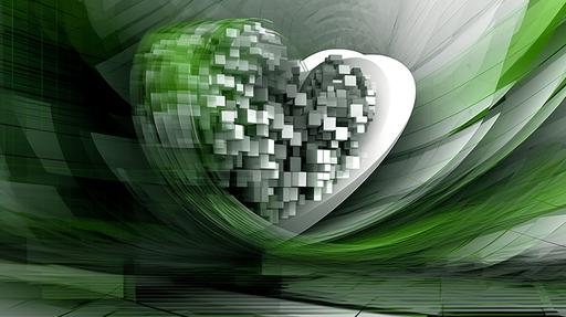 we see a abstract technical image made with photoshop, green white and grey colour, with heart shaped forms, love, speed, future, business --ar 16:9