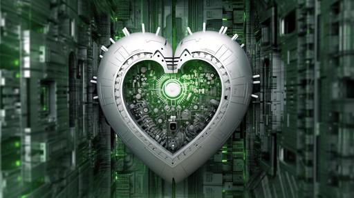 we see a abstract technical image made with photoshop, green white and grey colour, with heart shaped forms, love, speed, future, business --ar 16:9