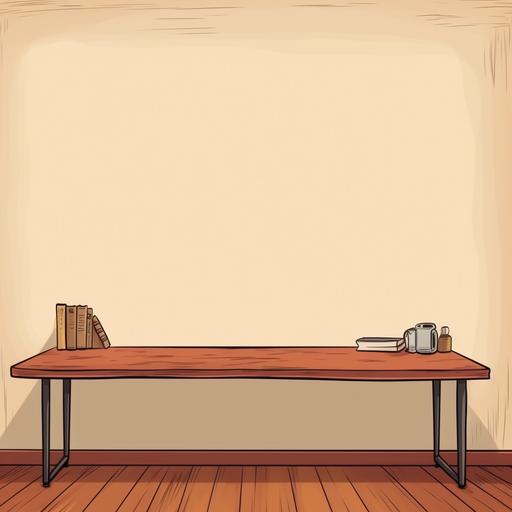 we see a desk, looking at it while sitting at it, simple and no clutter, nothing on the desk. Blank wall in front. Cartoon style --no lamp ar 1:1.41