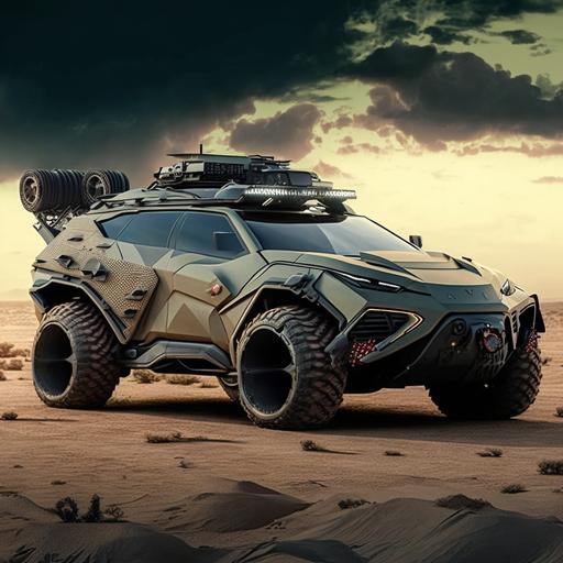 weaponized suv, sporty look, hypercar, supercar, sleek, 4x4, futuristic, military, vehicle, camo, armored, plain background, hyper realistic, 16k, concept, art , hdr, weapon station on the roof, machine gun on the roof, turret on the roof, sharpness, all road, aggressive, automatic cannon on the roof, rocket launcher on the roof, anti-tank missiles, military equipment, antenna, radar, war, array, fast attack vehicle, interceptor, aerodynamic, electric, smart, ray tracing, reflections, clever, professional color grading, fight, warzone, aero, large wheels, big wheels, low profile chassis