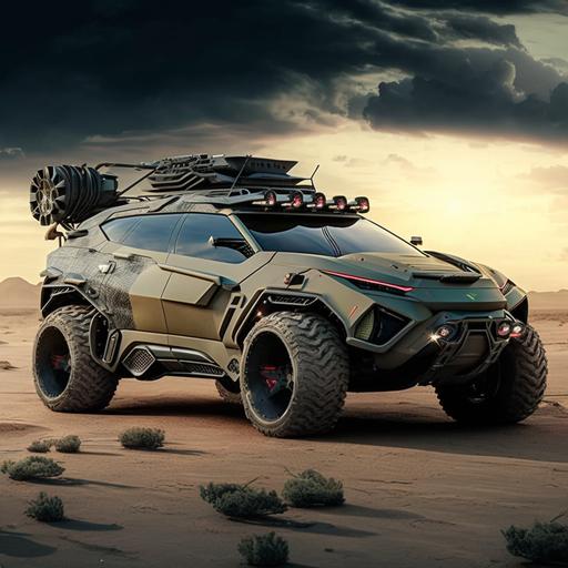 weaponized suv, sporty look, hypercar, supercar, sleek, 4x4, futuristic, military, vehicle, camo, armored, plain background, hyper realistic, 16k, concept, art , hdr, weapon station on the roof, machine gun on the roof, turret on the roof, sharpness, all road, aggressive, automatic cannon on the roof, rocket launcher on the roof, anti-tank missiles, military equipment, antenna, radar, war, array, fast attack vehicle, interceptor, aerodynamic, electric, smart, ray tracing, reflections, clever, professional color grading, fight, warzone, aero, large wheels, big wheels, low profile chassis