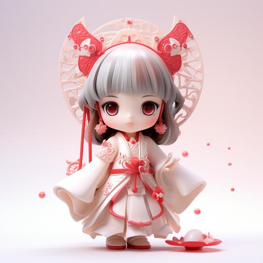 wear red Hanfu, Chinese elements, ink textures,knolling layout, highly detaileddepth, blind box, cute, unique, kawaii, white background, 8K resolution, resin material, extremely detailed details, soft pastel gradients, pop mart toys, studio lighting, display lighting, 3d icon clay render, OC renderer, designed by kenny wong