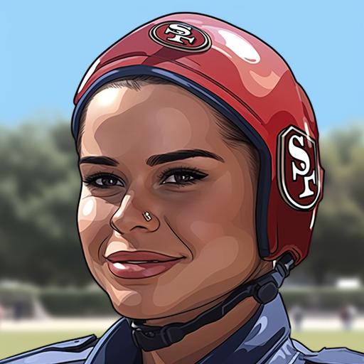 wearing a San Francisco 49ers american football helmet. Cartoon