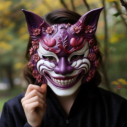 wearing a hannya mask inspired by the Cheshire cat to a tea party, purple and maroon colors, feline grin, pointy teeth, smile, worn to mad hatter tea party