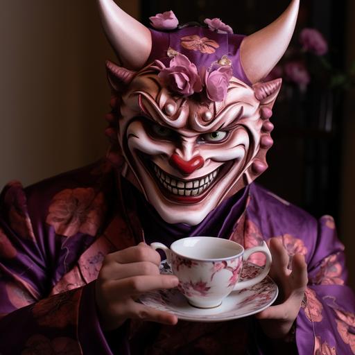 wearing a hannya mask inspired by the Cheshire cat to a tea party, purple and maroon colors, feline grin, pointy teeth, smile, worn to mad hatter tea party