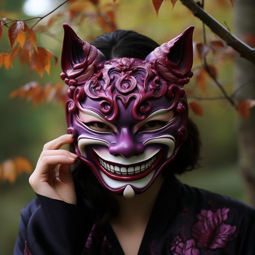 wearing a hannya mask inspired by the Cheshire cat to a tea party, purple and maroon colors, feline grin, pointy teeth, smile, worn to mad hatter tea party