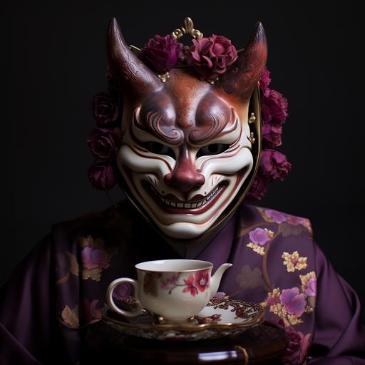 wearing a hannya mask inspired by the Cheshire cat to a tea party, purple and maroon colors, feline grin, pointy teeth, smile, worn to mad hatter tea party