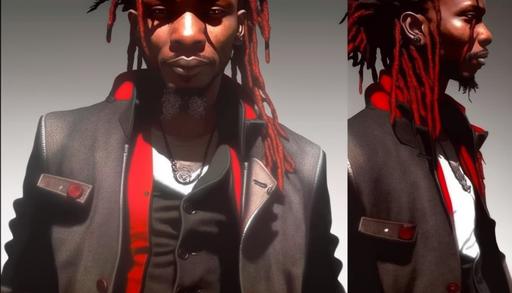 , wearing black coat and formal pant, having a evil smile and having red and black dread locs, hd, ultra detailing --ar 16:9 --v 4