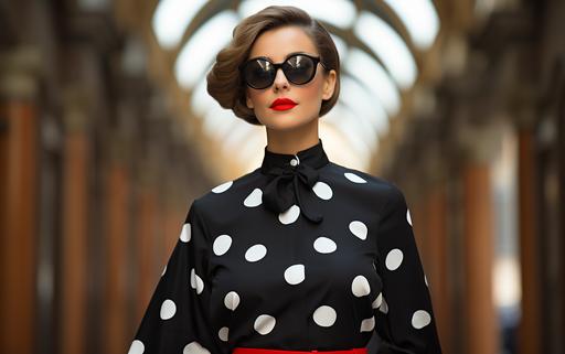 wearing large black and white anachronistic polka dots, is the new trend on the streets of Milan Italy, fashion scene, fashion photography --s 750 --ar 16:10