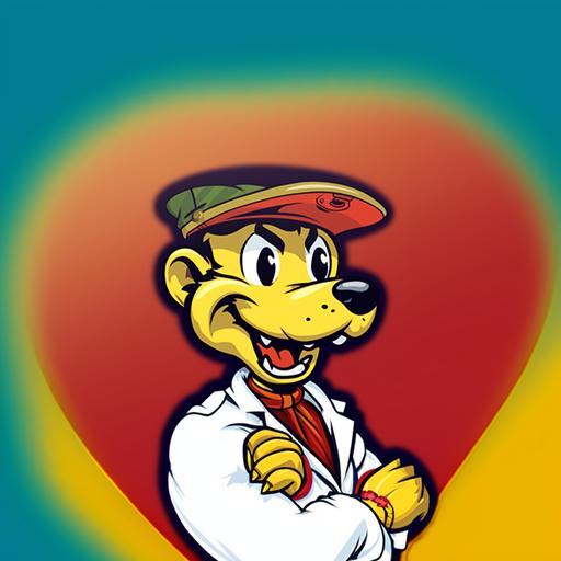 weasel in a laboratory coat with a camouflage military hat. Cartoon