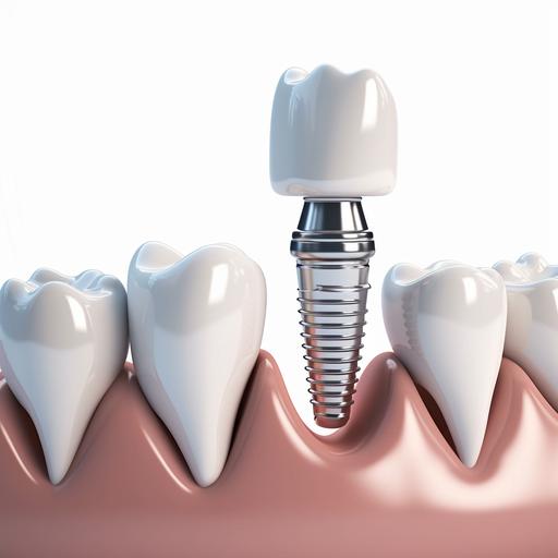 web graphic 3d rendering of tooth and gums with impalnt screw, and the white tooth crown on top, with three components, ensuring crown (white tooth) on top: