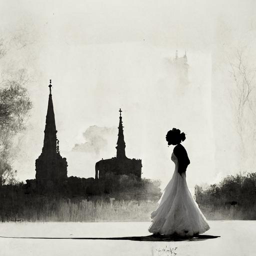 wedding bride from behind silhouette with church in background, detailed, black and white colors