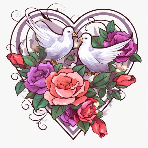 wedding card, drawing heart with multicolored rose and dove, transparent background, cartoon drawing