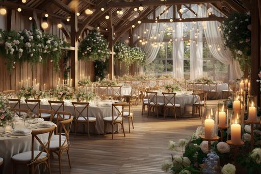 wedding hall with white tablecloths and candles and floral centerpieces, in the style of vray tracing, timber frame construction, impressionist gardens, rich and immersive --ar 3:2