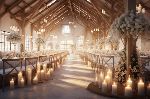 wedding hall with white tablecloths and candles and floral centerpieces, in the style of vray tracing, timber frame construction, impressionist gardens, rich and immersive --ar 3:2