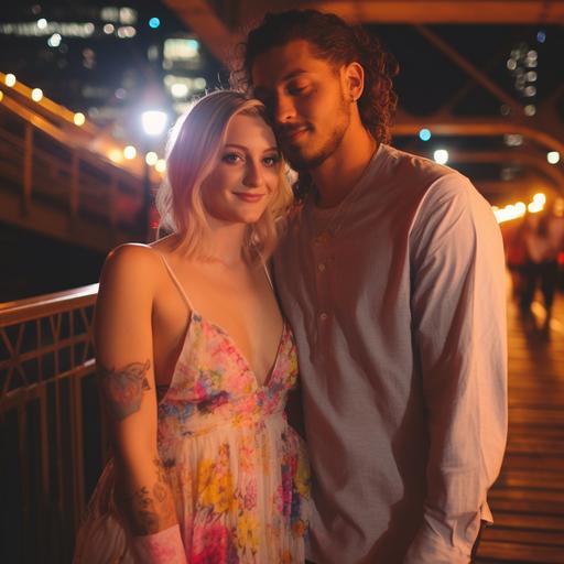 wedding on a yellow bridge in downtown pittsburgh iconic Andy Warhol paintings in background and 90s kids toys dancing on the bridge behind with neon lights 1990s lace dress romantic renaissance aesthetics --s 250 --v 5.2