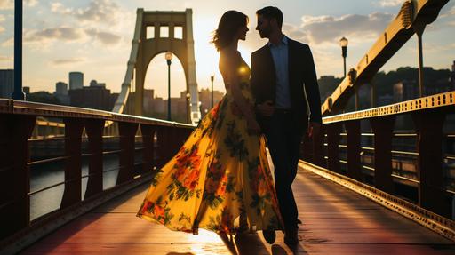 wedding on a yellow bridge in downtown pittsburgh iconic Andy Warhol paintings in background and 90s kids toys dancing on the bridge behind with neon lights 1990s lace dress romantic renaissance aesthetics --s 250 --v 5.2 --ar 16:9 --upbeta
