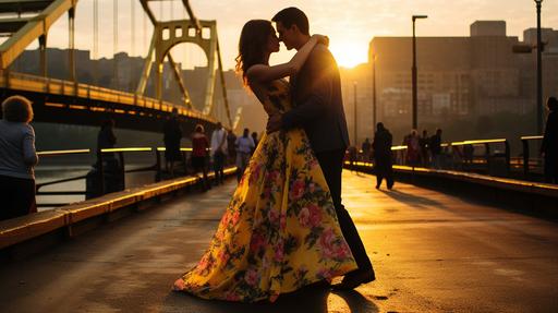 wedding on a yellow bridge in downtown pittsburgh iconic Andy Warhol paintings in background and 90s kids toys dancing on the bridge behind with neon lights 1990s lace dress romantic renaissance aesthetics --s 250 --v 5.2 --ar 16:9 --upbeta