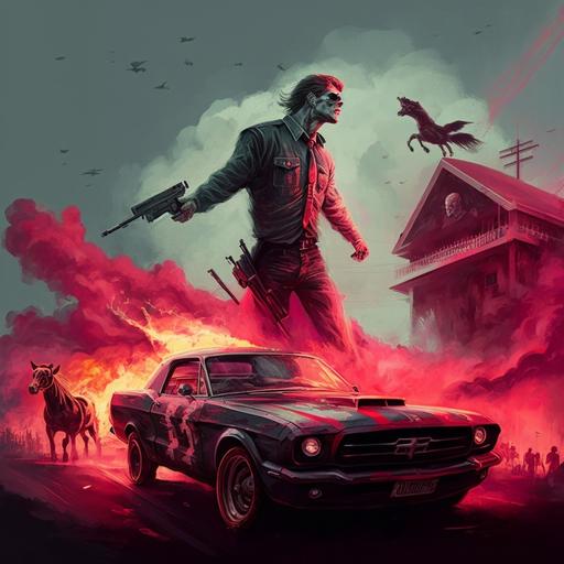 weekend with a red glowing cross in his hand standing on the roof of a black color mustang car is firing pistol at zombies around him while smoking a cigar
