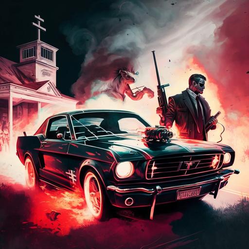weekend with a red glowing cross in his hand standing on the roof of a black color mustang car is firing pistol at zombies around him while smoking a cigar
