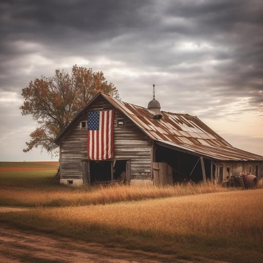 weery photograph of a midwestern rustic barn with american flag