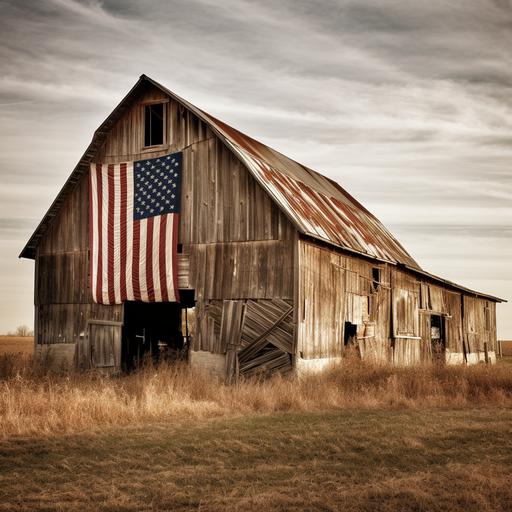 weery photograph of a midwestern rustic barn with american flag