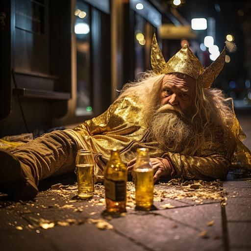 weird drunk dwarf in a golden angel costume crawling on the street during Halloween night