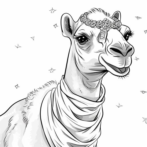 weird, whilte, strange and crazy smiling, funny whimsical camel that is cute in black and white coloring book style for kids --c 90