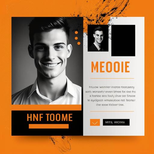 welcome digital card for a new employee with space for a picture of the employee. should be fun, creative and elegant with white, orange and black colors. create in template mode.