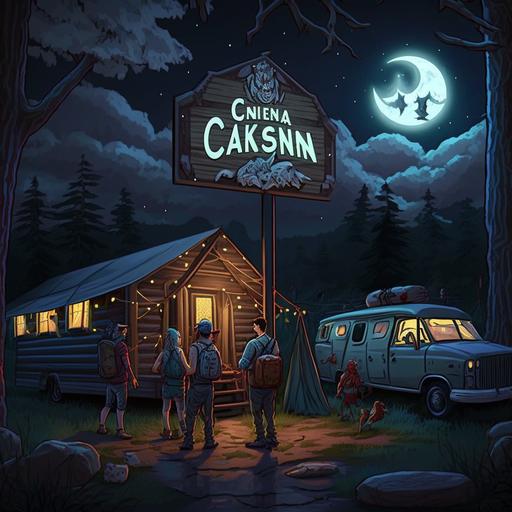 welcome to Camp crystal laken sign, rainning , dark, moonlight, van with lights on, 1 female, 3 males, Jason in the background, log cabins