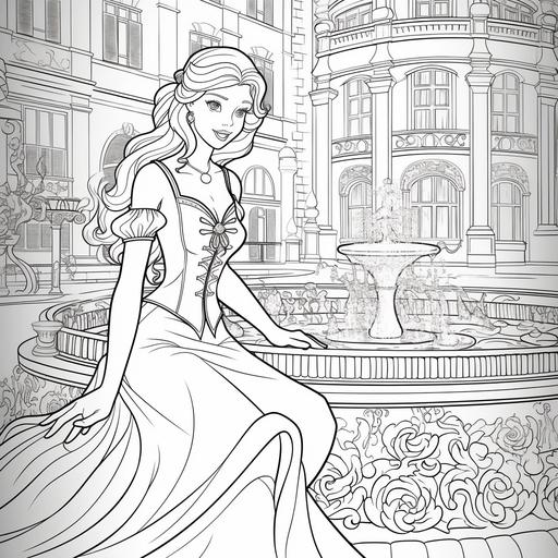 well lined coloring book pages of Disney Elas princess style in font of fountain with minimal detail, ar 9:11