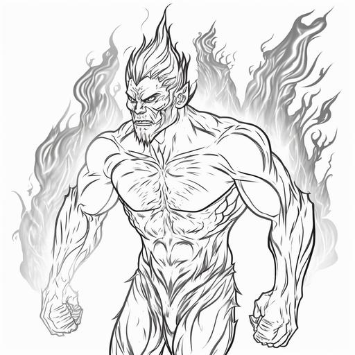 werewolf monster with flames, coloring book page, clean and simple line art