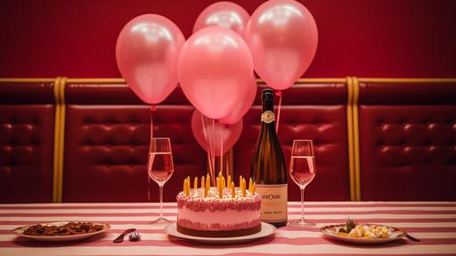 wes anderson style, birthday cake, on table, champagne, balloon, red wine glass --ar 16:9