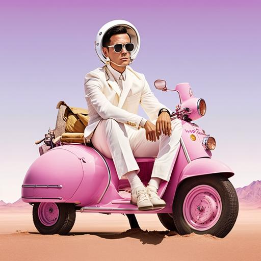 wes anderson style, global illumination, cinematic, intricate detail, color, grading, beautifully color-coded, depth of field, insane details, cinematic lighting, hyper-realistic harry shum jr. asian man wearing a white gucci outfit and pink helmet, he is sitting on a pink vespa with a sidecar, desert background