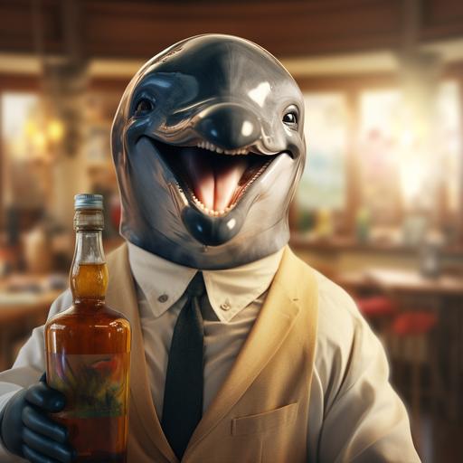 wet Dolphine smiling hold a bottle of Olive oil in front of the camera like a salesman, nervous salesmen undertone, hyperrealistic, 4k photograph