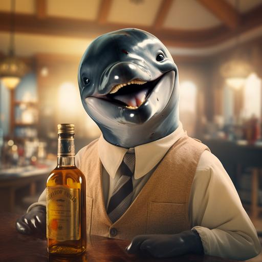 wet Dolphine smiling hold a bottle of Olive oil in front of the camera like a salesman, nervous salesmen undertone, hyperrealistic, 4k photograph