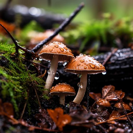wet forrest floor , Nikon D7 close up shot of wet mushrooms on rainy gloomy day, forest dirt, leaves, rain drops