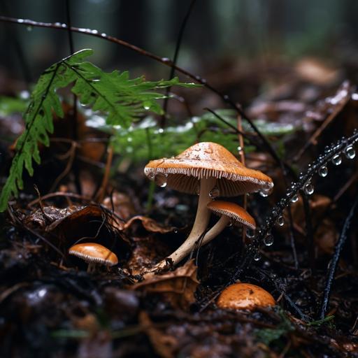 wet forrest floor , Nikon D7 close up shot of wet psilocybe mushrooms on rainy gloomy day, forest dirt, leaves, rain drops, animal bones