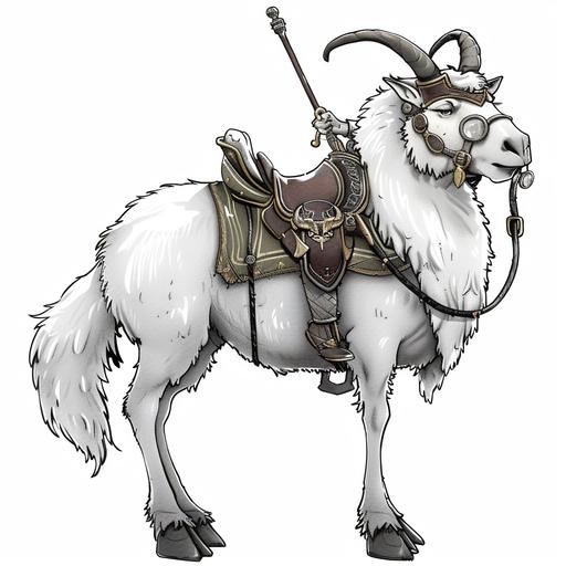 trasform this image in a withe elegant mutton fantasy with monocle, luxury saddle, fantasy beast character design, dnd style, white background, monster dnd manual, good beast, elegant pose , sheep, cartoon ink line--ar 3:2 --v 6.0