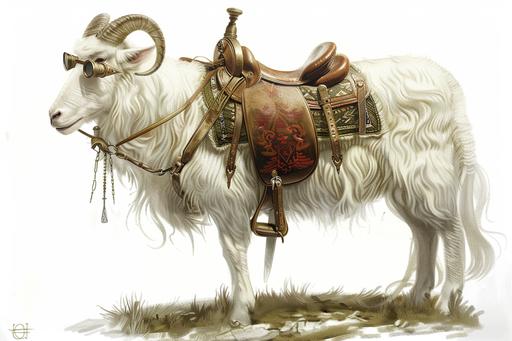 white riding mutton with a fine saddle, a monocle and an elegant attitude, familiar dnd style, character , digital painting, design beast good only animal without person white background --ar 3:2 --v 6.0 --no people