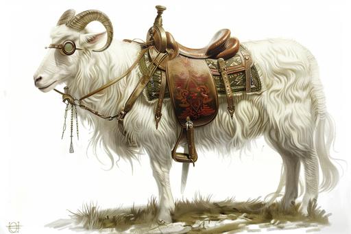 white riding mutton with a fine saddle, a one monocle and an elegant attitude, familiar dnd style, character , digital painting, design beast good only animal without person white background --v 6.0 --no people --ar 3:2