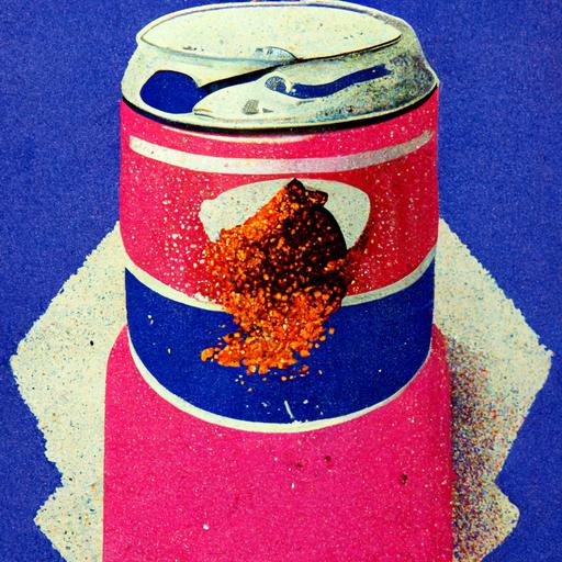 crushed soda can, spill, still life, risograph