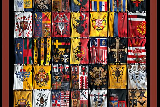 wh40k flags and regimental banners. dystopian flags, colorful grimcore banners,  --ar 3:2 --v 6.0