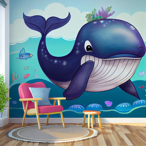 whale themed wallpaper decal for a child's room. Cartoon, friendly --v 4 --upbeta